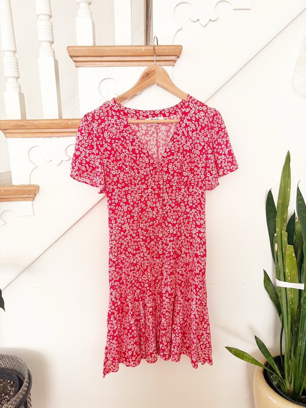 Madewell Red Floral Mini Dress Button Front Short Sleeve Tiered Ruffle Size 0